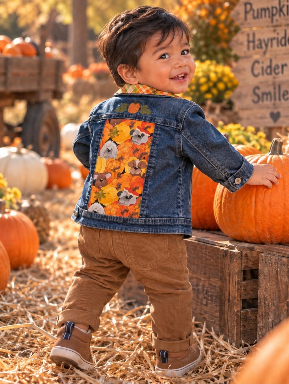 OshKosh Genuine Kids 18M One of a Kind Fall Pumpkin Dogs Denim Jacket - Picture 1 of 9